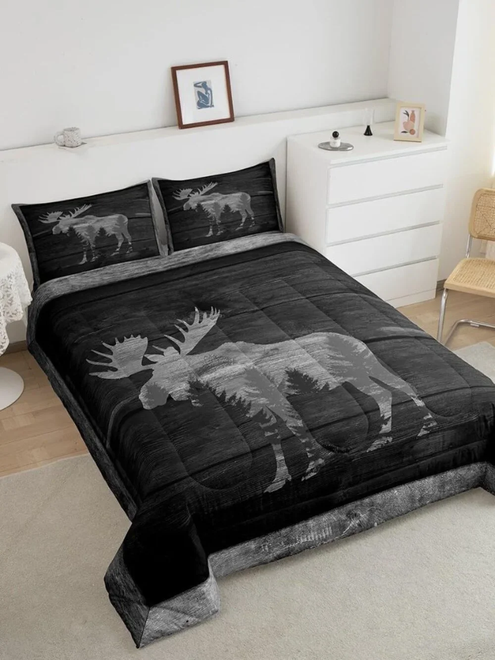 Moose Cabin Comforter Set Wild Animal Jungle Pine Trees Silhouette Bedding Set f
